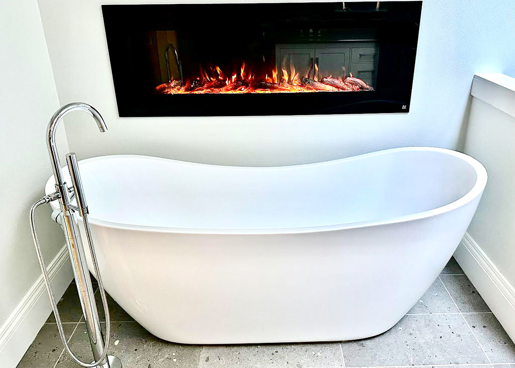 Lake Oswego Master Bath Remodel with new freestanding Tub under fireplace